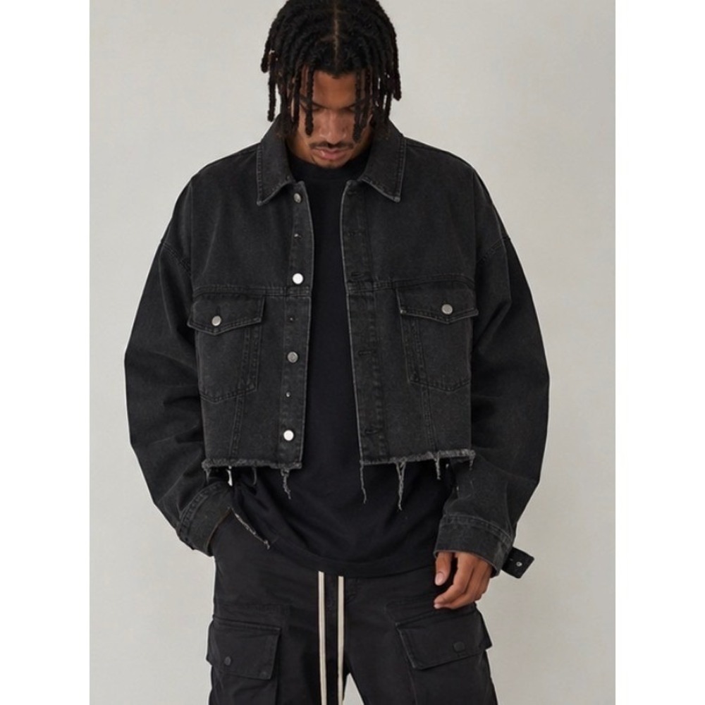 MNML XXL Cropped Black Denim Jacket Raw Hem Distressed Oversized Streetwear Y2K